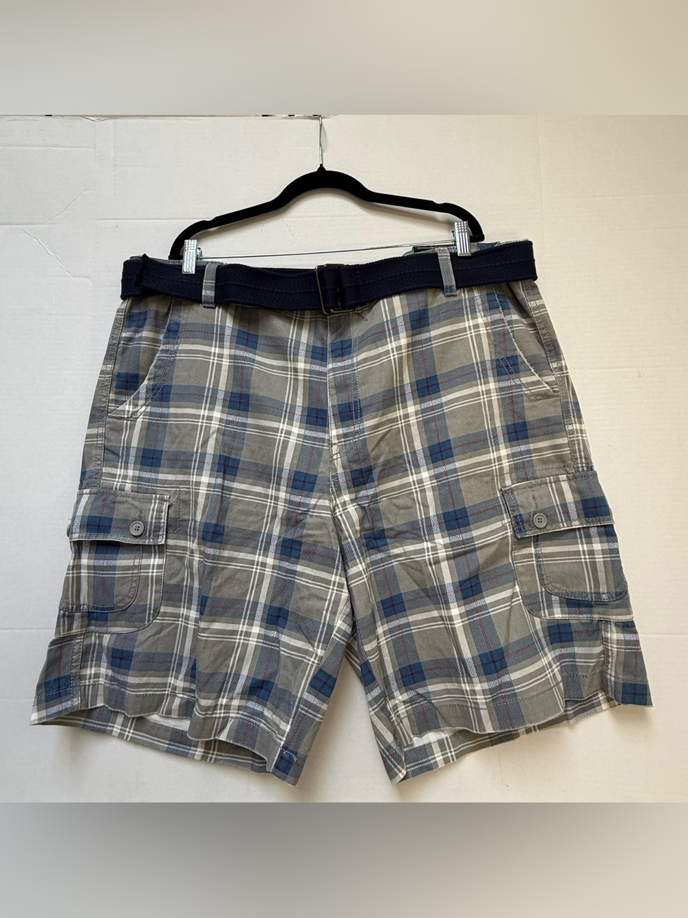 PLAID DENIM SHORTS GREY BLUE W NAVY CANVAS BELT CARGO PANTS NWT SIZE 46